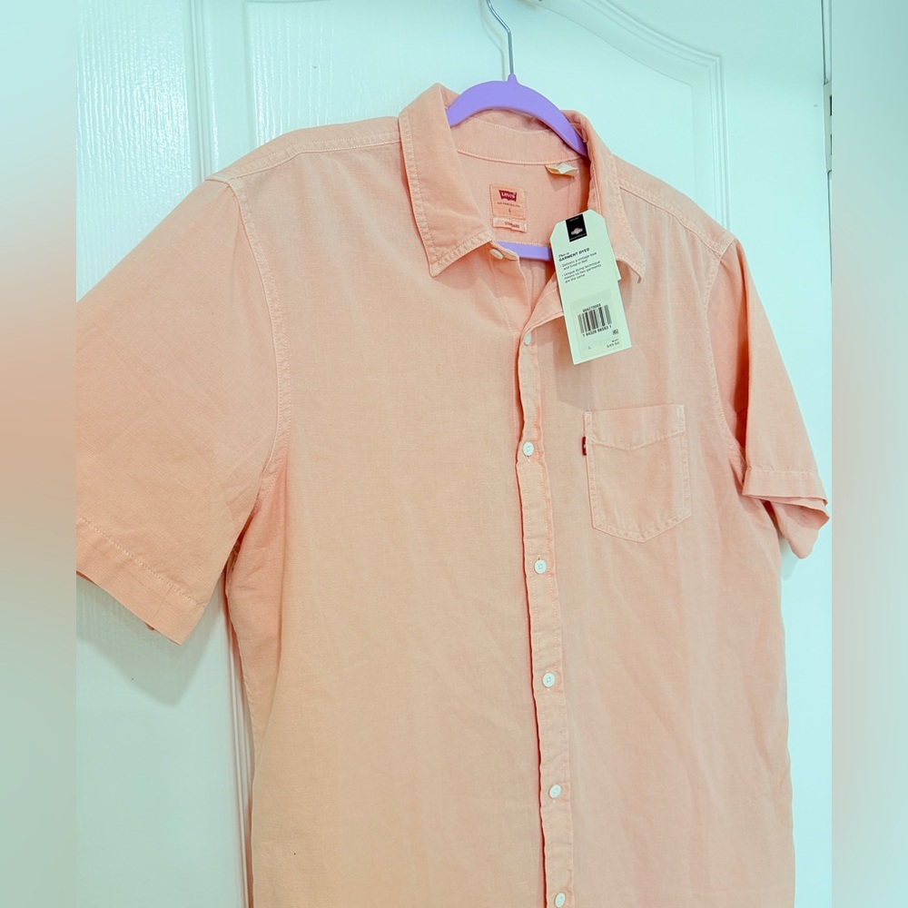 Levi’s Mens Garment Dyed Button Up Shirt Size L Peach Salmon Casual Short - Picture 3 of 7